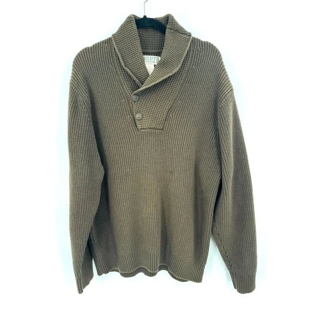 DULUTH TRADING CO Brigadier Shawl Collar Green Brown Knit Sweater Size XL